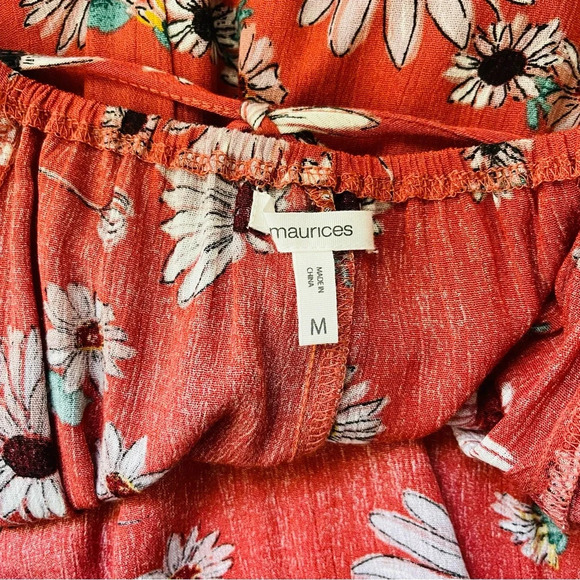 Maurices Burnt Orange Sunflower Print Lace Sleeve Tie Back Top Medium Women’s - Picture 10 of 12